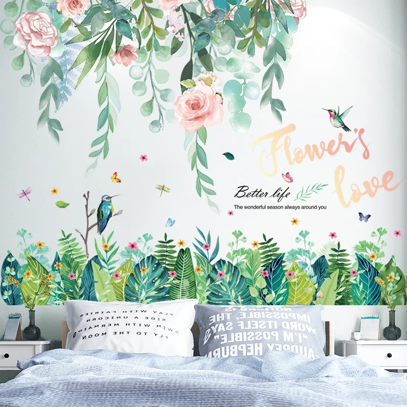 

[shijuekongjian] Flower Plants Wall Sticker DIY Grass Leaves Wall Decals for Living Room Kids Bedroom Kitchen Home Decoration