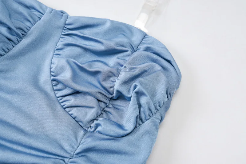 

BacklakeGirls Ruched Mini Cocktail Dress Women Transparent Spaghetti Straps Sleeveless Pleat Blue Bodycon Dress Party Clubwear