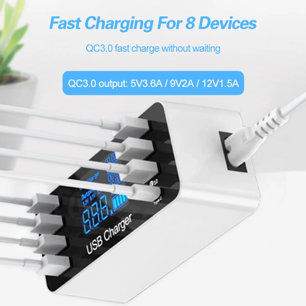 QC3.0 светодиодный дисплей USB быстрое зарядное устройство 7 порт настенное цвета в