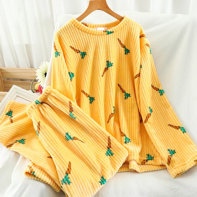 

2021 Autumn winter New Fashion Coral fleece pajamas loose tops + trousers plush warm home clothes two-piece suit TZ636