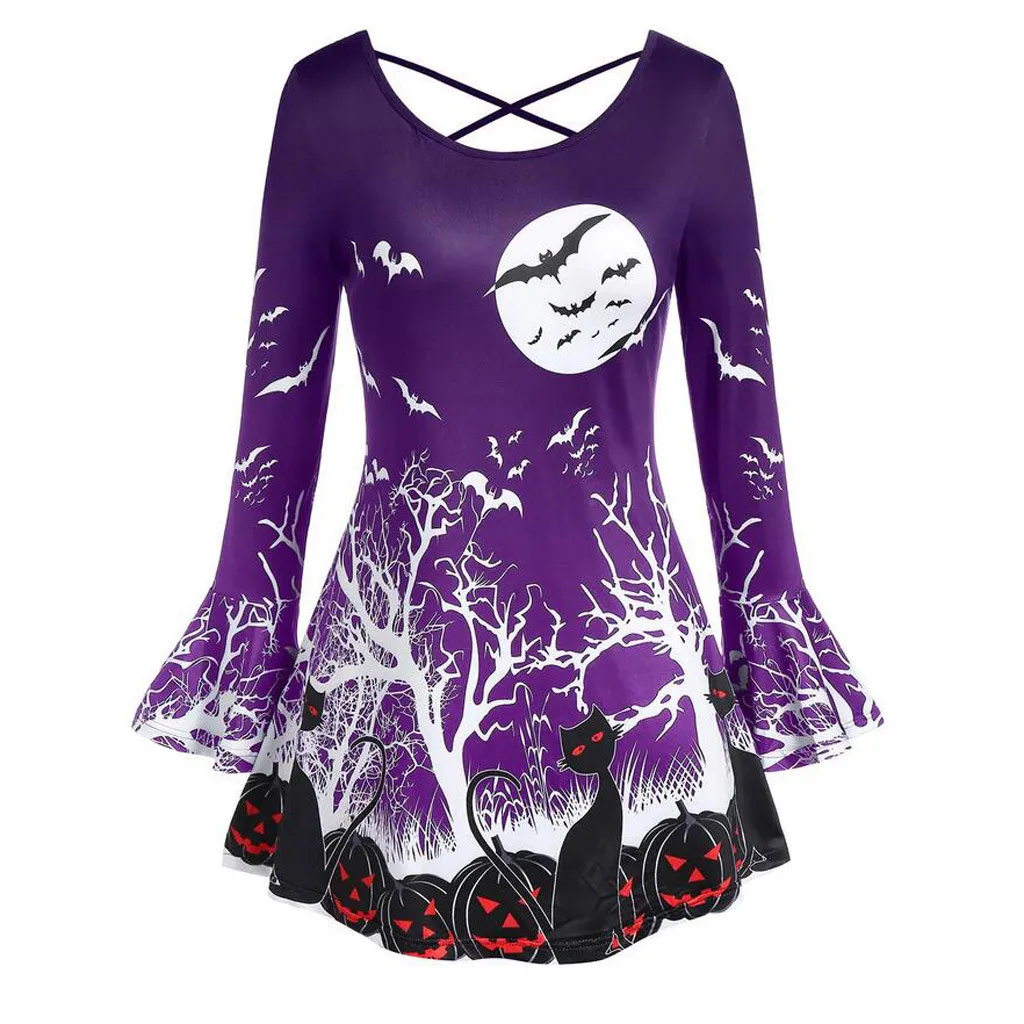 Женская блузка размера плюс 5XL с круглым вырезом рукавами фонариками на Хэллоуин