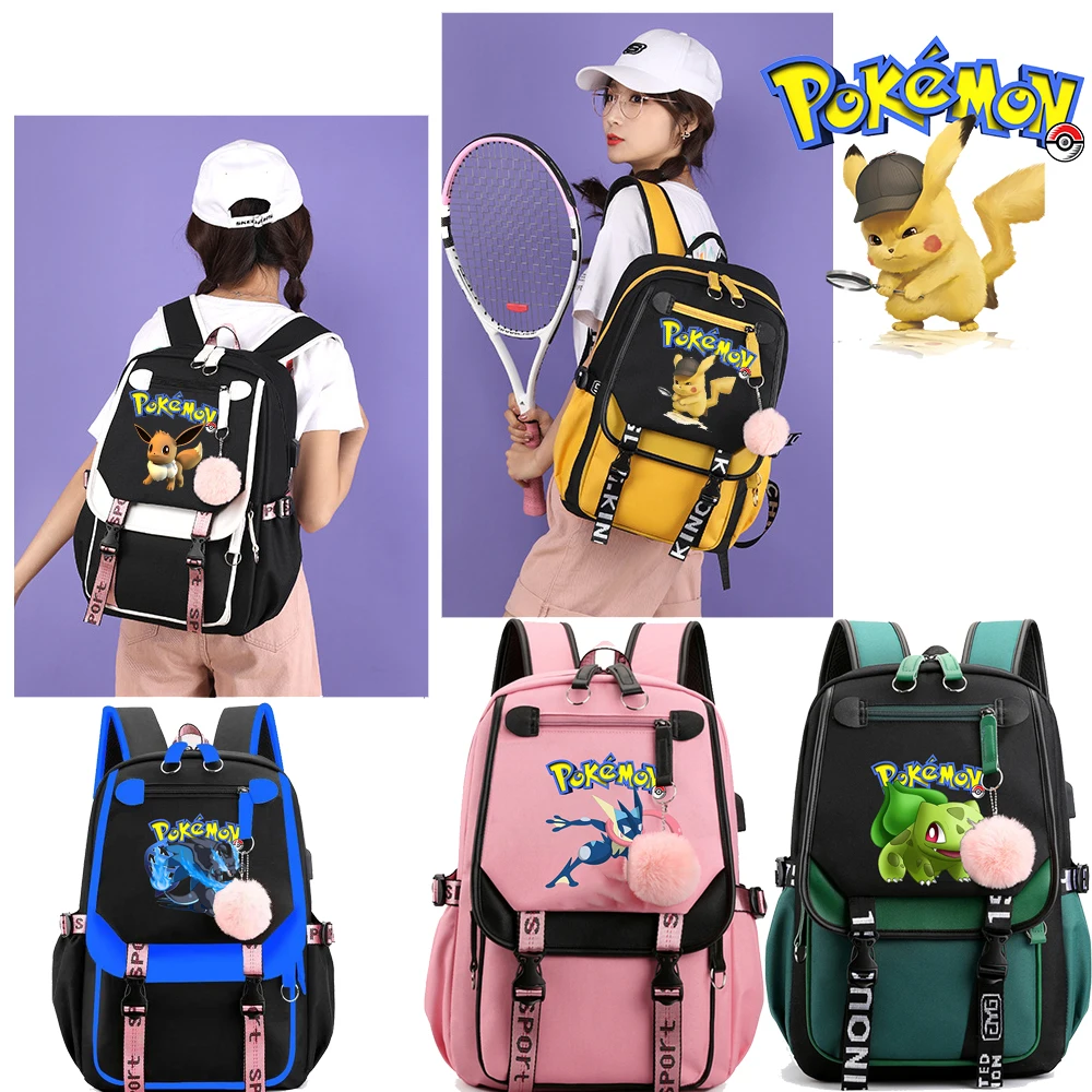 

Women Laptop Pokemon Backpack Canvas Pikachu School Bags Teenage Girls College Student Usb Charge Kids Book Bag Rucksack 2021