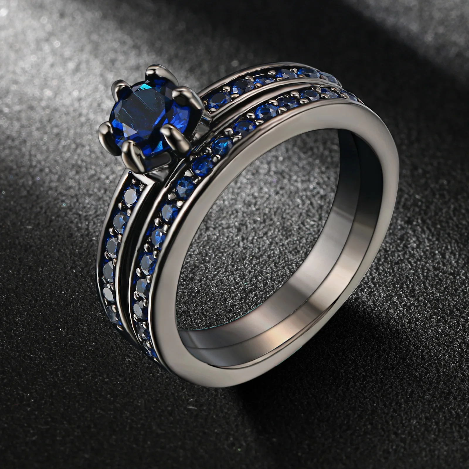 Женские винтажные кольца в стиле панк, черные и золотые кольца, Модная бижутерия из двух предметов с голубым кубическим цирконием, ювелирные изделия для вечеривечерние, R487