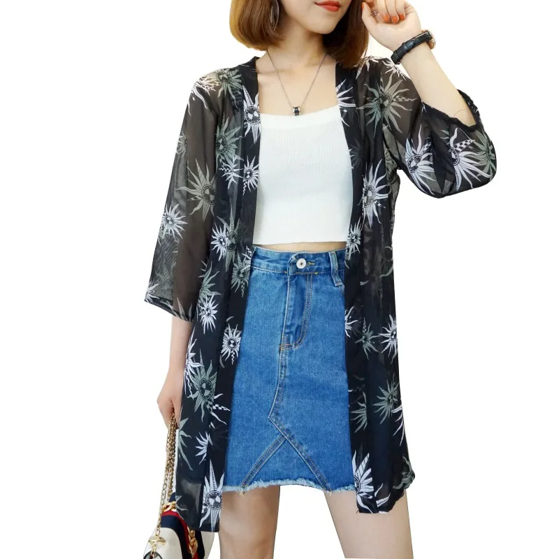 

ROPALIA Blusas Summer Women Kimono Cardigan Casual Loose Chiffon Blouses Shirts Bohemian Floral Printed Long Outerwear Plus Size