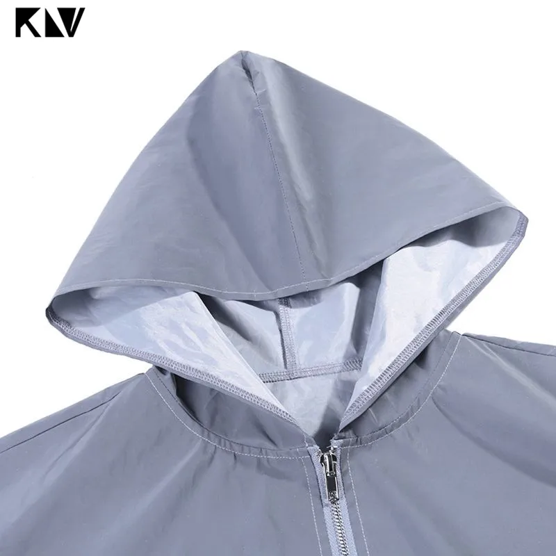 KLV осенние женские светоотражающие с длинным рукавом, с капюшоном, на молнии, Молодежные кроп топы для ночного бега, ветровка, короткое пальто, куртка