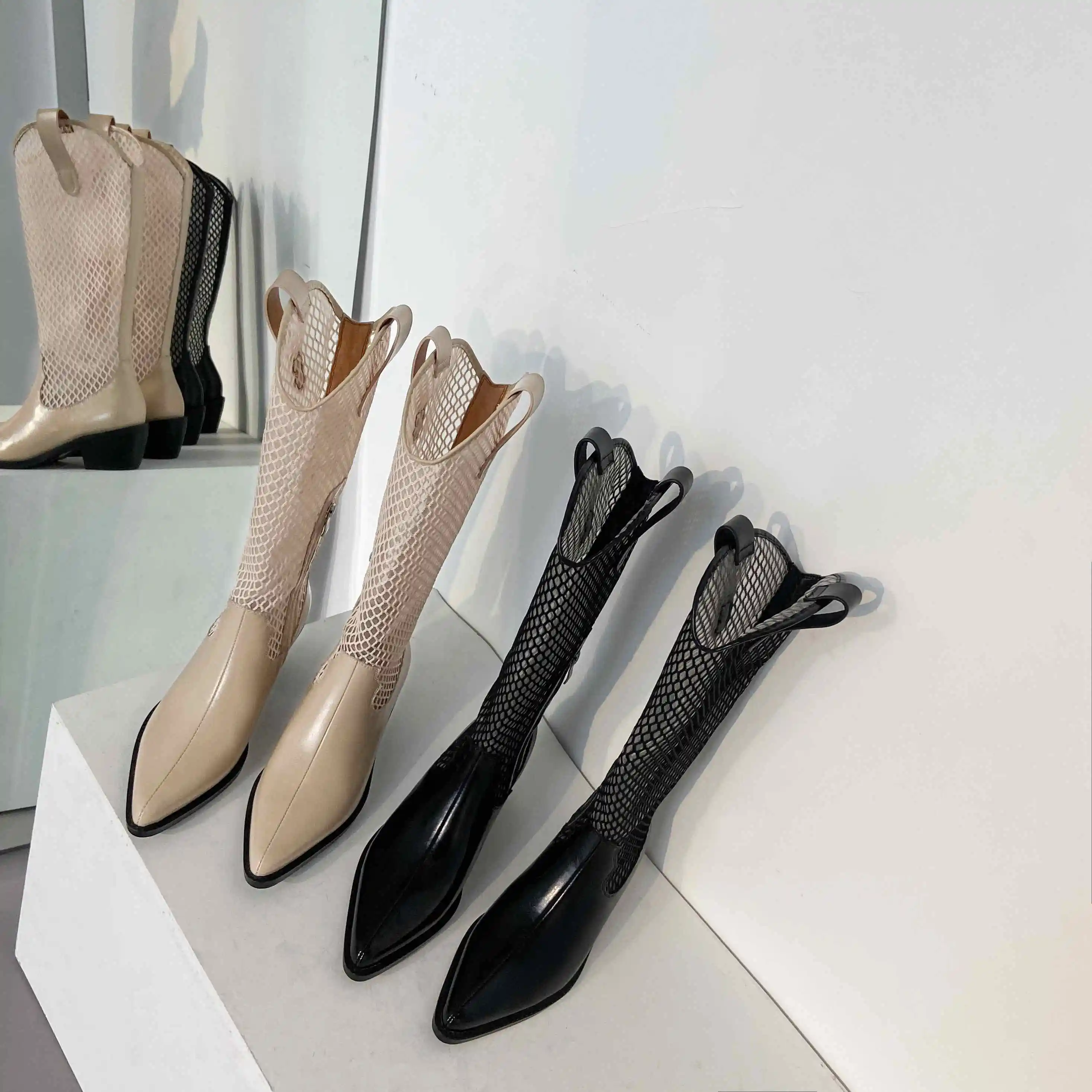 

krazing pot spring new style genuine leather air mesh sunscreen pointed toe thick high heel zipper gorgeous knee high boots L03