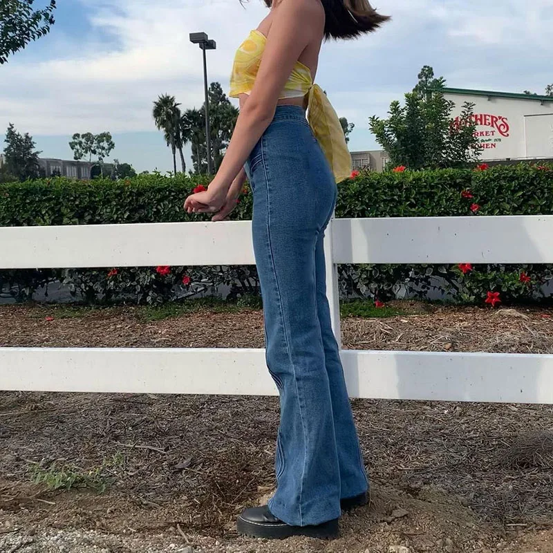 

Streetwear Striped Blue Y2K Flare Jeans For Girls Female Fashion 2021 New Vintage Denim Pants Women High Waisted Trouser Capris