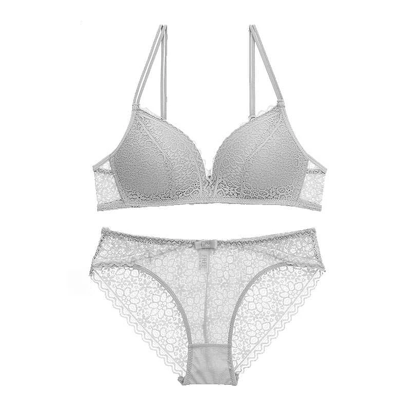 GRAY BRA SET Новинка, женское нижнее белье, комплект с бюстгальтером, кружевной сексуальный бюстгальтер пуш-ап и трусики, удобный бюстгальтер с бантом, регулируемый бюстгальтер с глубоким v-образным вырезом - Цвет: GRAY BRA SET
