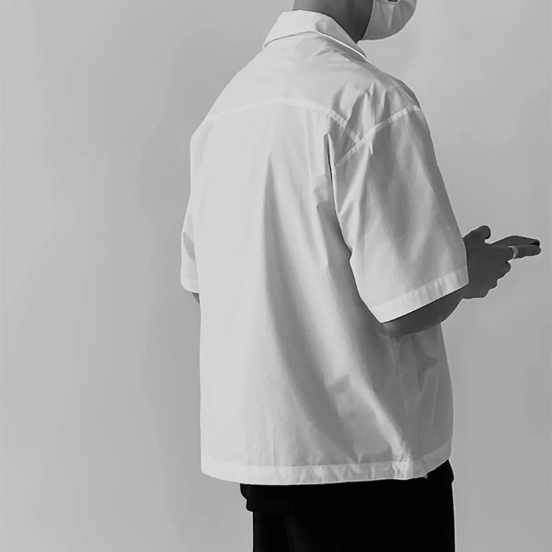 

IEFB Men's Wear Zipper Drawstring Short Sleeve Shirt Streetwear 2021 Summer New Black White Lapel Tops Loose Casual Cloth 9Y6628