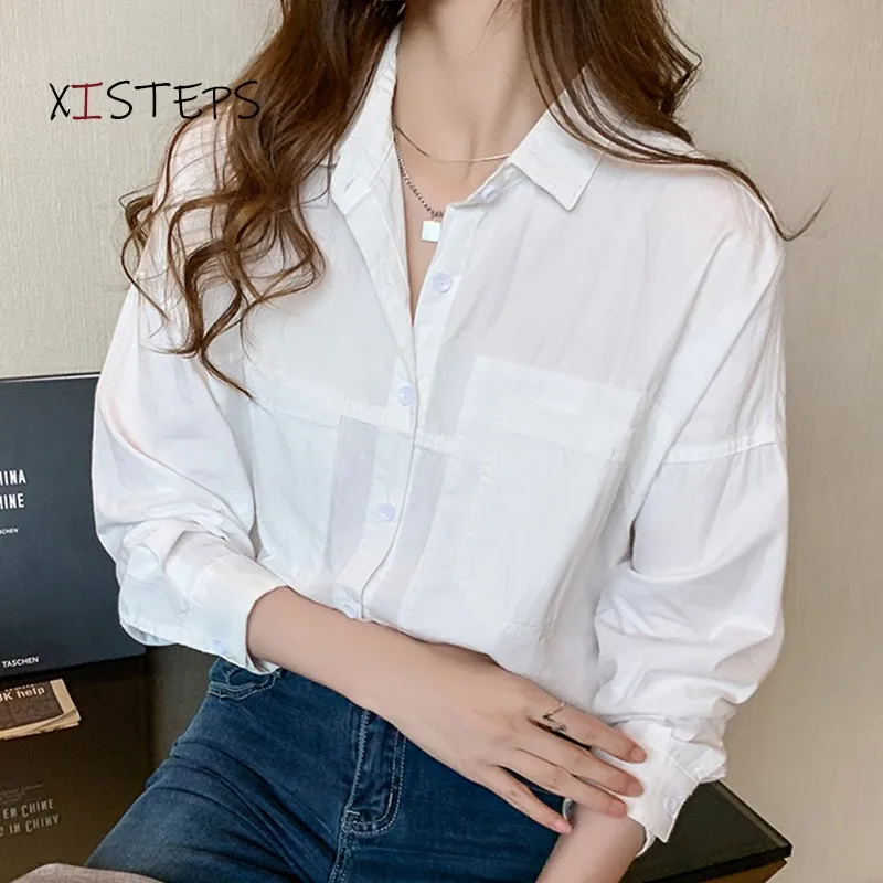 

Блузка женская хлопковая с карманами, с длинным рукавом, свободная, весенняя, 2021