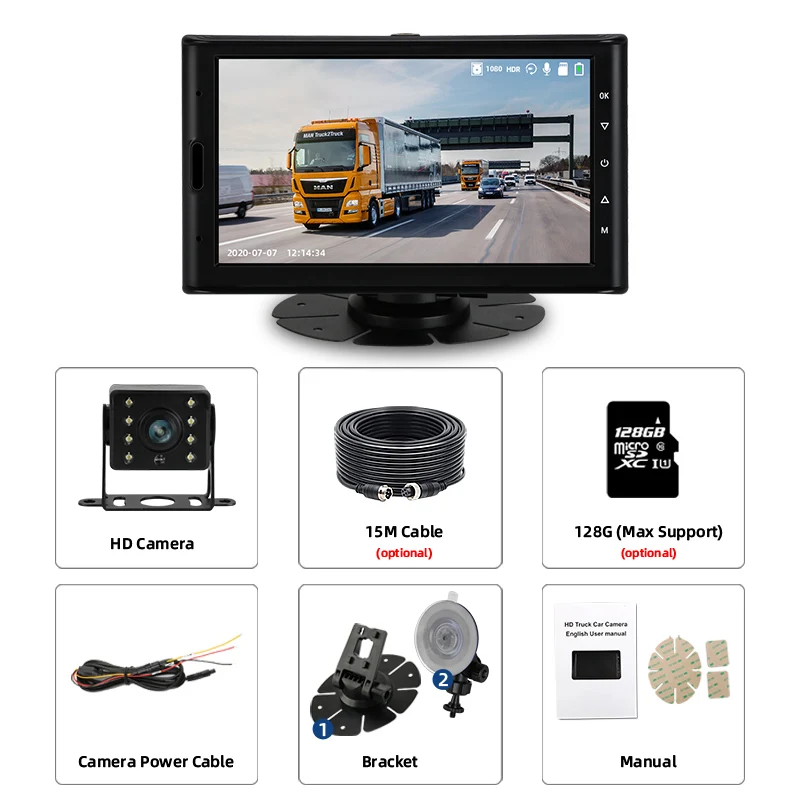 

7" Bluetooth Truck DVR AHD 1080P CCTV 2-Channel Split Screen Monitor Recorder Loop Recording 720P Rear Cam For Bus Support 128G