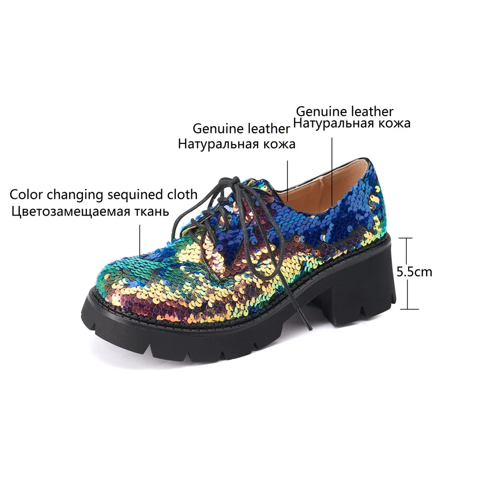 Women Spring Summer Casual Platform Footwear Leather Oxford Shoes Ladies Round Toes Lace Up Chunky Heels Black Silver Gold Green | Обувь