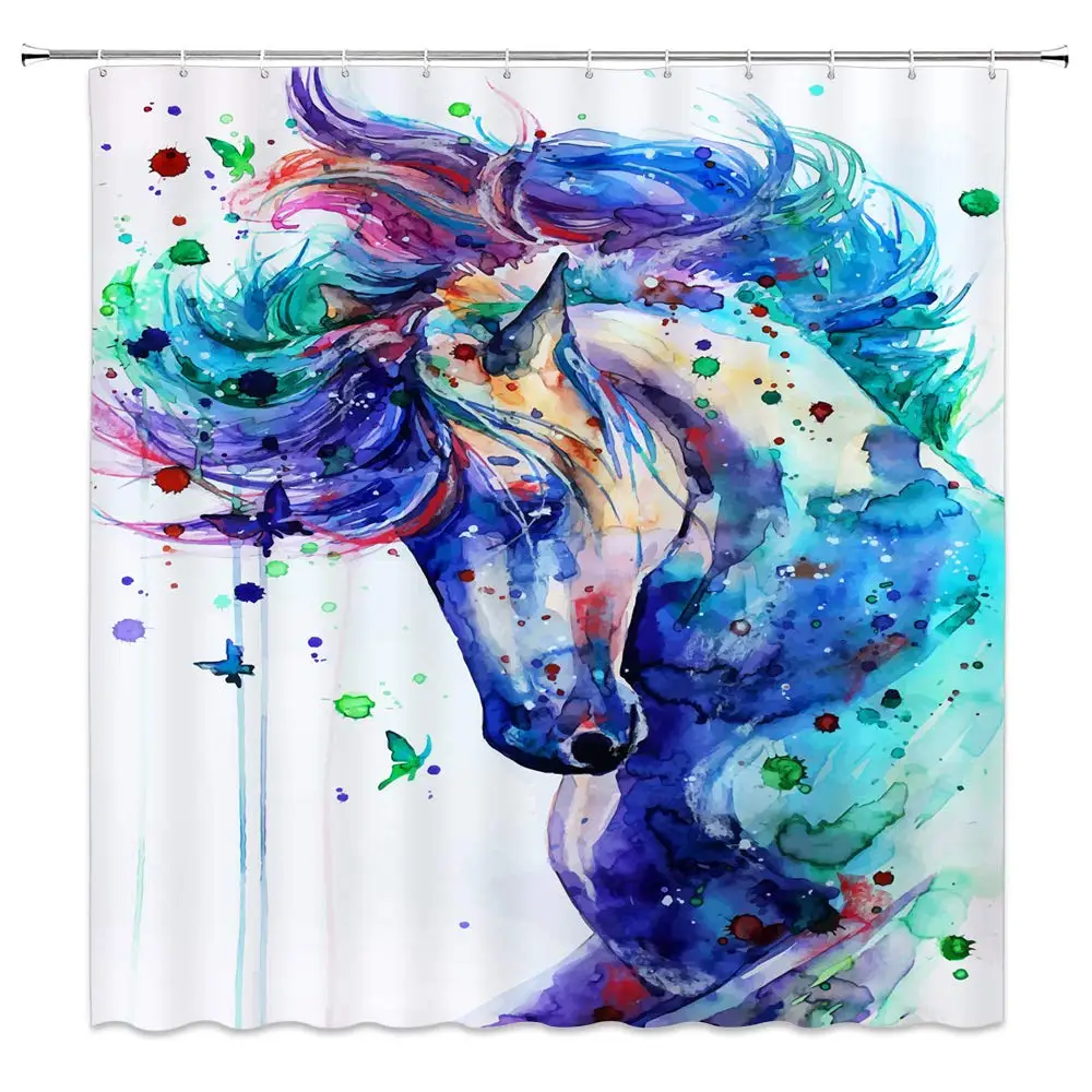 

Watercolor Horse Shower Curtain Fantasy Fairy Tale Animal Forest Abstract Colorful Butterfly Hippie Art Bathroom Decoration