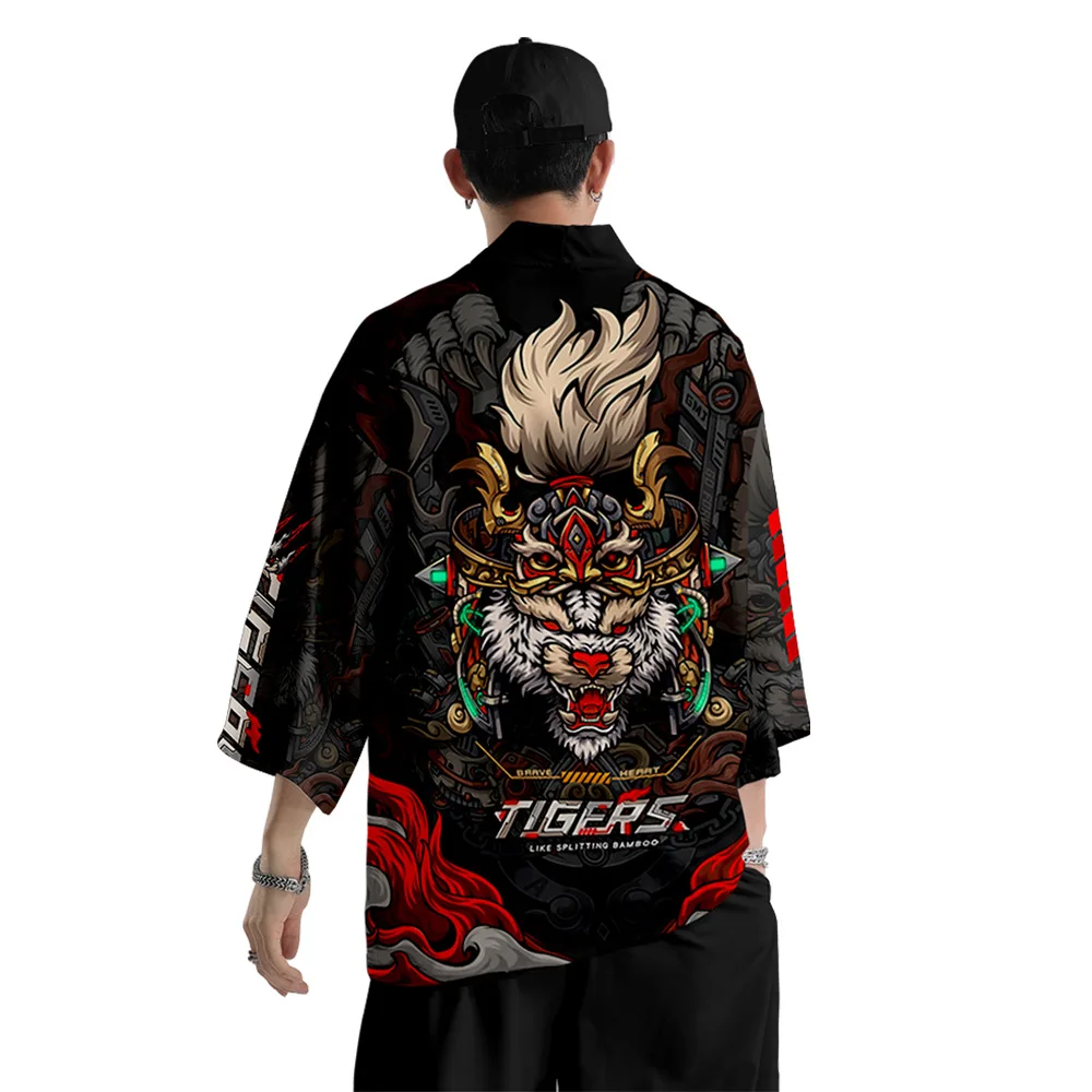 

Men and women Japanese traditional kimono cardigan Japanese summer Harajuku tiger pattern kimono nine-point pants suit