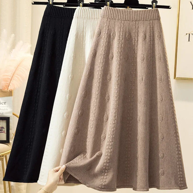 

Autumn Winter Women Knitting Skirts Vintage High Waist Elastic Patchwork White Black Chic Long Cake A-line Skirt for Student W96