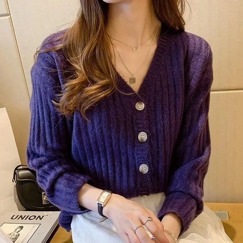 

Женский однотонный кардиган с V-образным вырезом, однобортный женский свитер, элегантный Свободный укороченный топ для отдыха, уличная тепл...