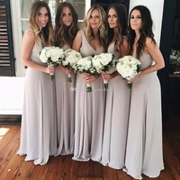 2018 v neck a line floor length chiffon prom party gown for wedding guest cheap customized simple silver bridesmaid dresses