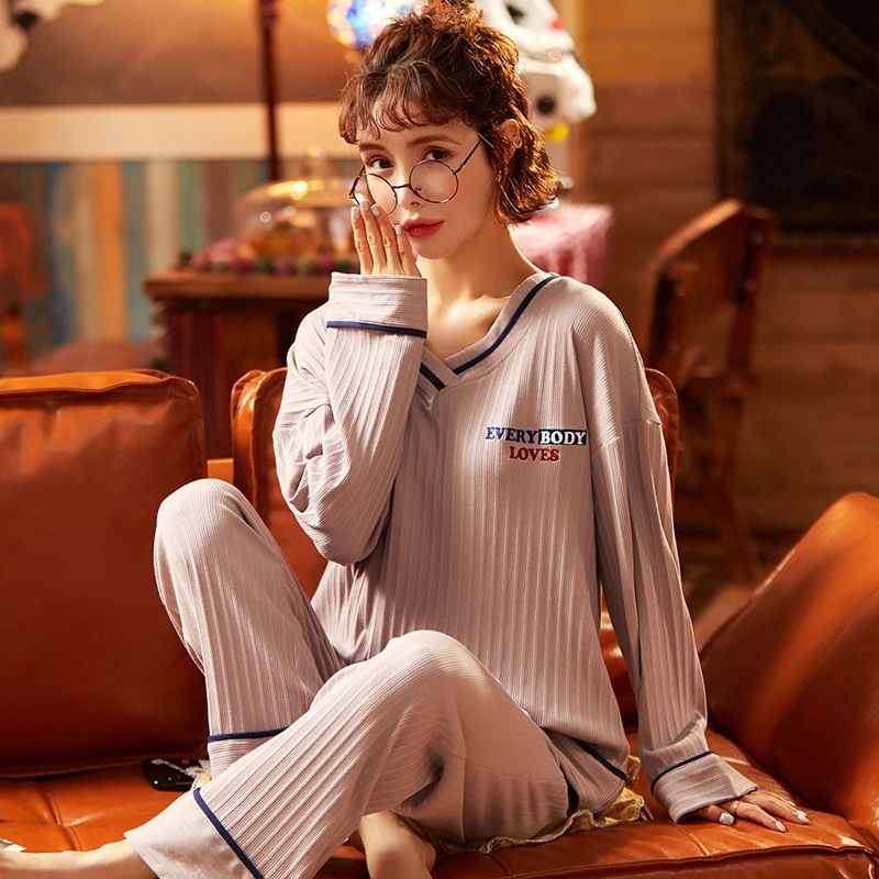 

Осенние хлопковые пижамы, Женская пижама с круглым вырезом, женская пижама, милая Пижама для девочек-подростков, домашняя одежда, костюм, бо...