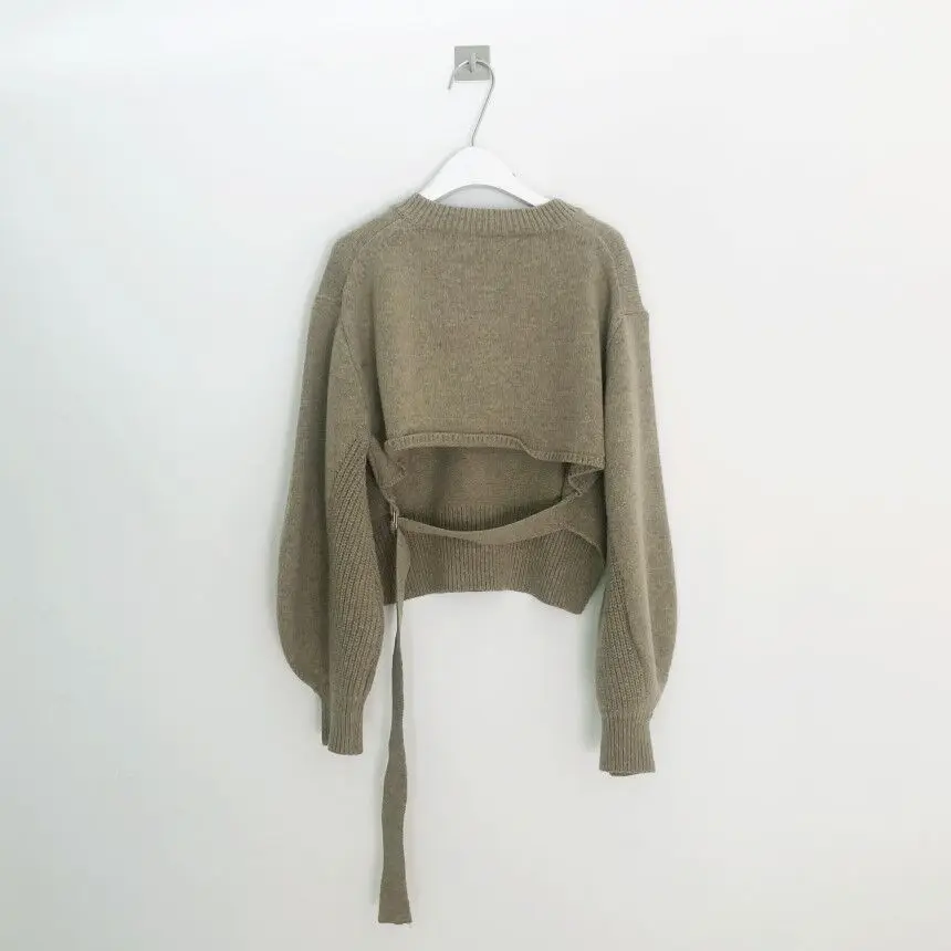 Korean Clothing Vintage Skirt and Top Set Women Long Sleeve Sweater Backless Belt Pullover And High Waist Woolen Mini Skrit |