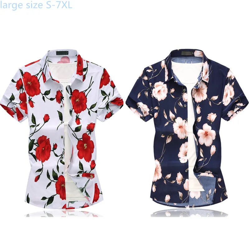 

White Men Summer Short Sleeve Flower Shirt Large Size 5XL 6XL 7XL Male Shirts Fashion Casual Top