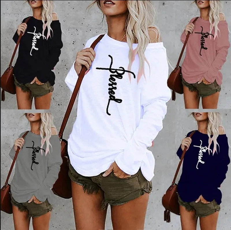 

Loose Plus Size Women T-Shirt Spring Autumn Letter Print Tshirt Long Sleeve Thin Casual Round Neck Off Shoulder Female Pullovers
