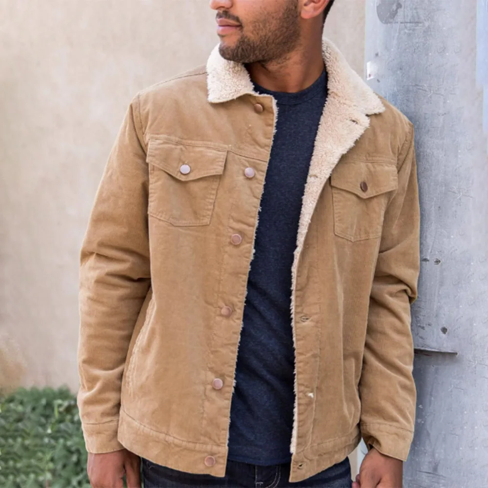 

Plush Lining Jacket Men's Casual Button Pocket Khaki Jacket Fashion Lapel Long-sleeve Coat Streetwear Male Clothing 2021 Winter