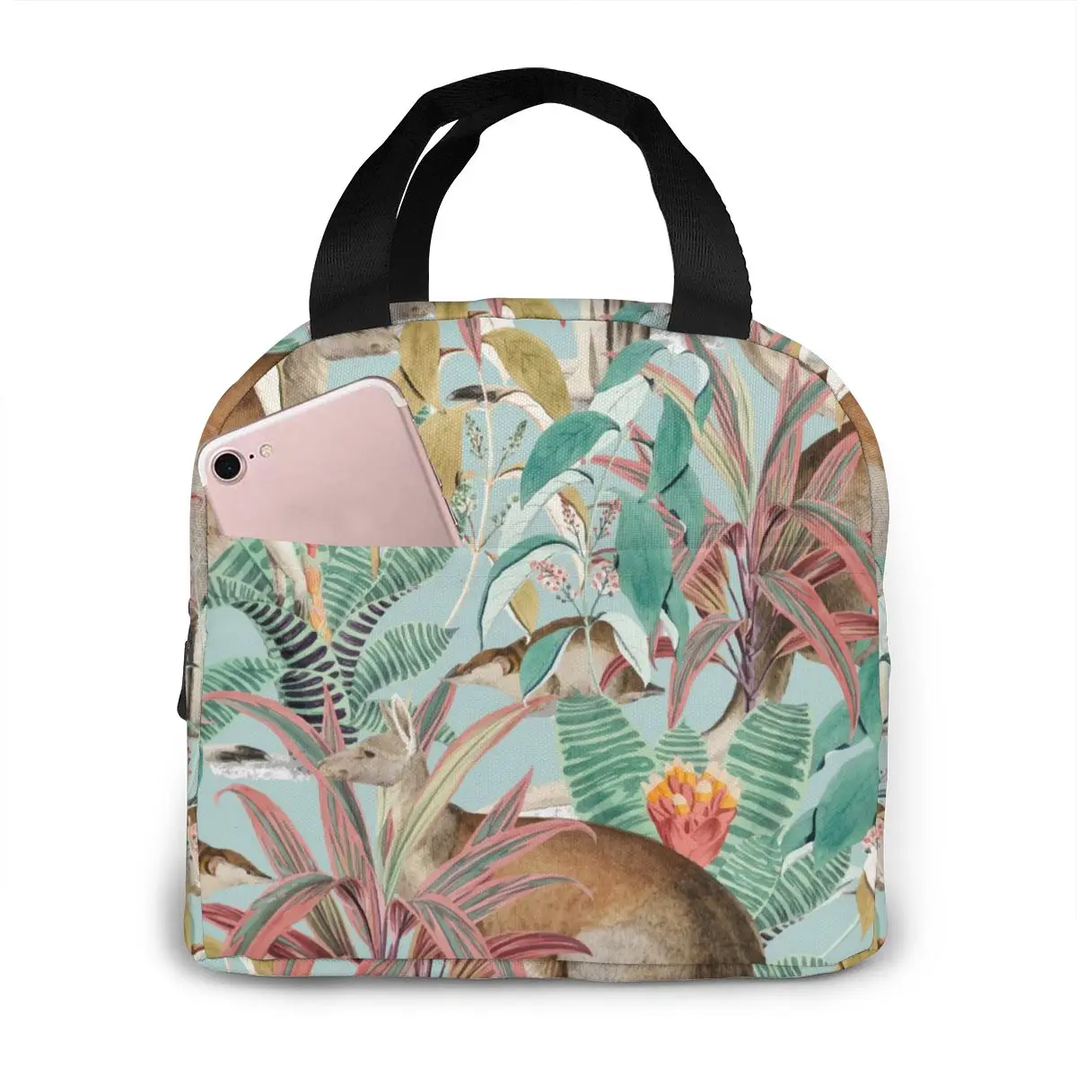 

Kangaroo Jungle Leaves Lunch Bag Portable Insulated Thermal Cooler Bento Lunch Box Tote Picnic Storage Bag Pouch