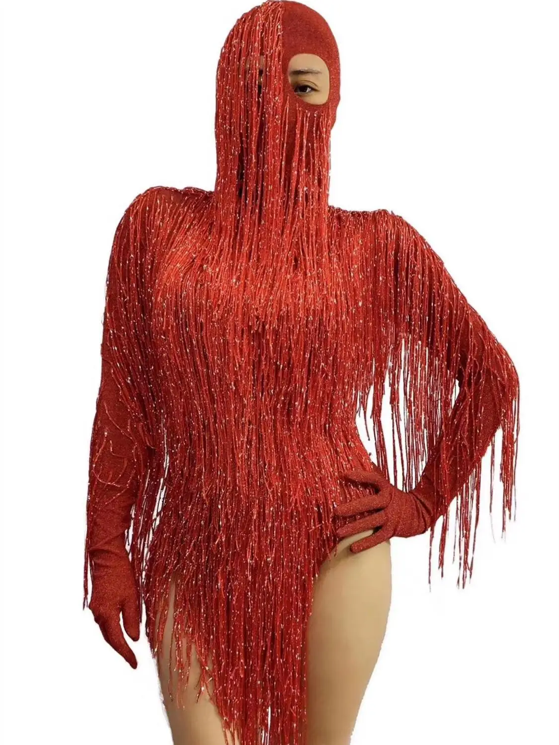 Masked Headdress Long Tassel Bodysuit Women Sexy Stretch Fringes Stage Leotard Halloween Cosplay Costumes Performance Outfits