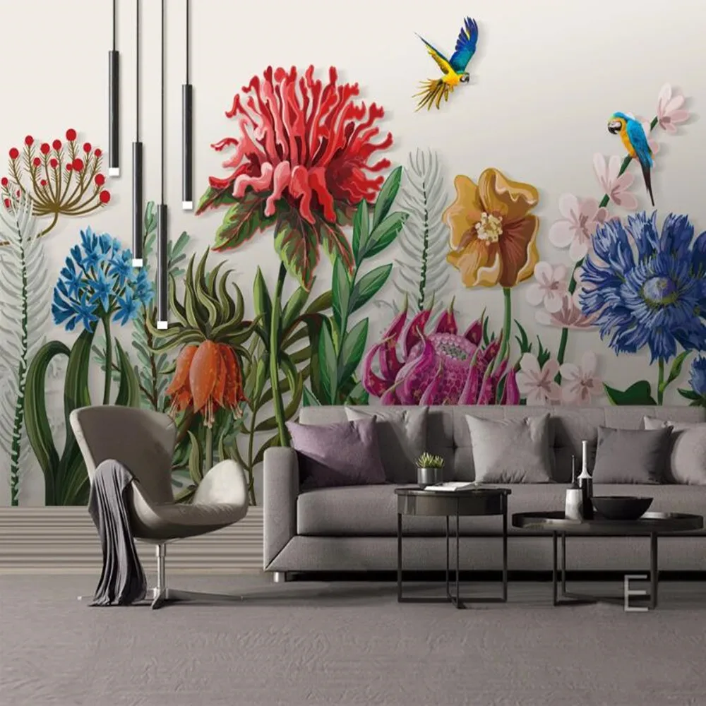 

milofi custom large wallpaper mural hand-painted tropical rainforest plants flowers living room bedroom TV background wall