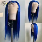 Topodmido чистый синий цвет 13x4 кружевные передние парики перуанские волосы Remy человеческие волосы парики предварительно выщипанные прямые бесклеевые парики