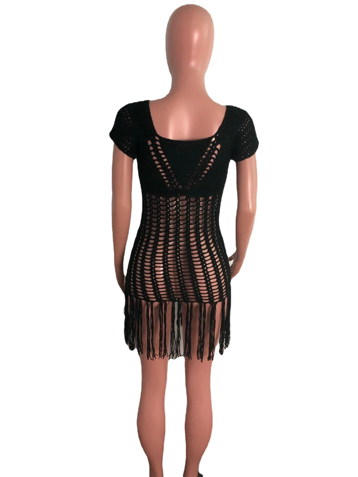 

Women Crotched Dress Hollow Out Fish Net Mini Short Sleeve V Neck Sexy See Through Knit Tassels Summer Casual Party Dresses