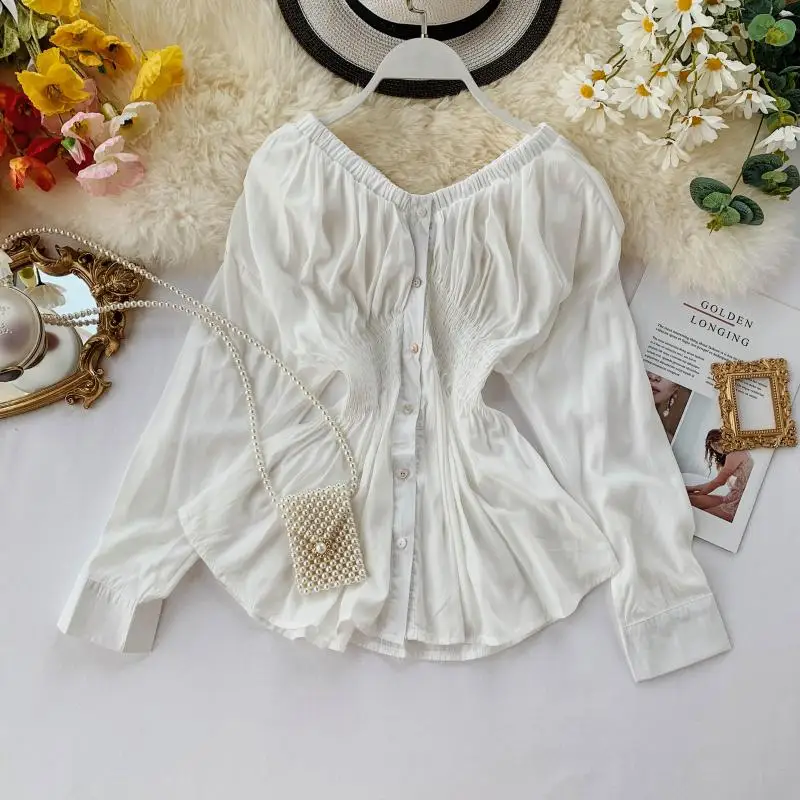 2019 Новая модная женская блузка с вырезом лодочкой тонкая талия темпераментная