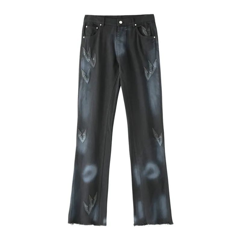 

High Street Mens Long Graffiti Printed Jeans Vintage Hip Hop Tassels Flare Pants Loose Cowboy Trousers Harajuku Man Denim Pants