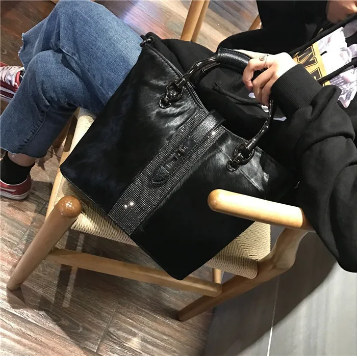 Horse Hair Rhinestone Woman Handbag Genuine Leather Totes Diamond Shoulder Bag Anti-theft Lock Buckle Winter Fur Bags New