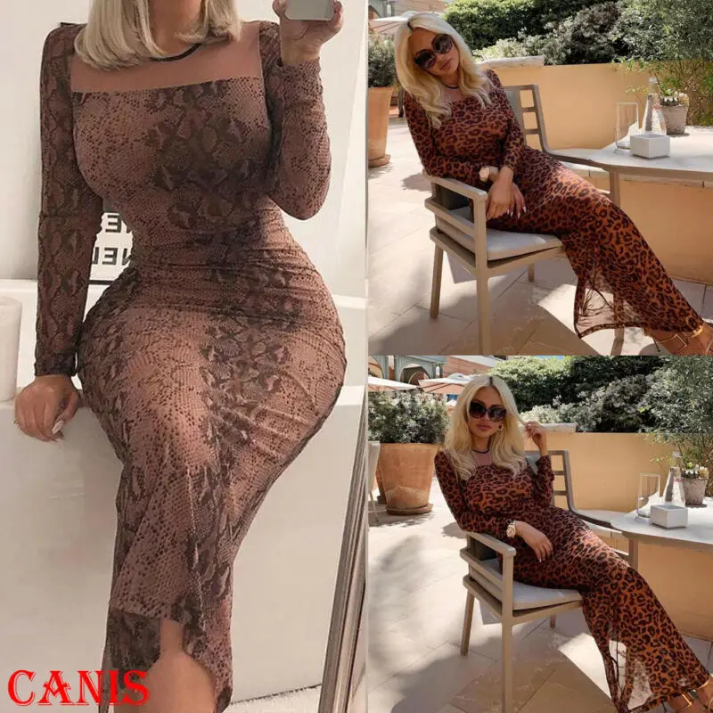 Сексуальное женское платье с длинным рукавом леопардовым принтом облегающее