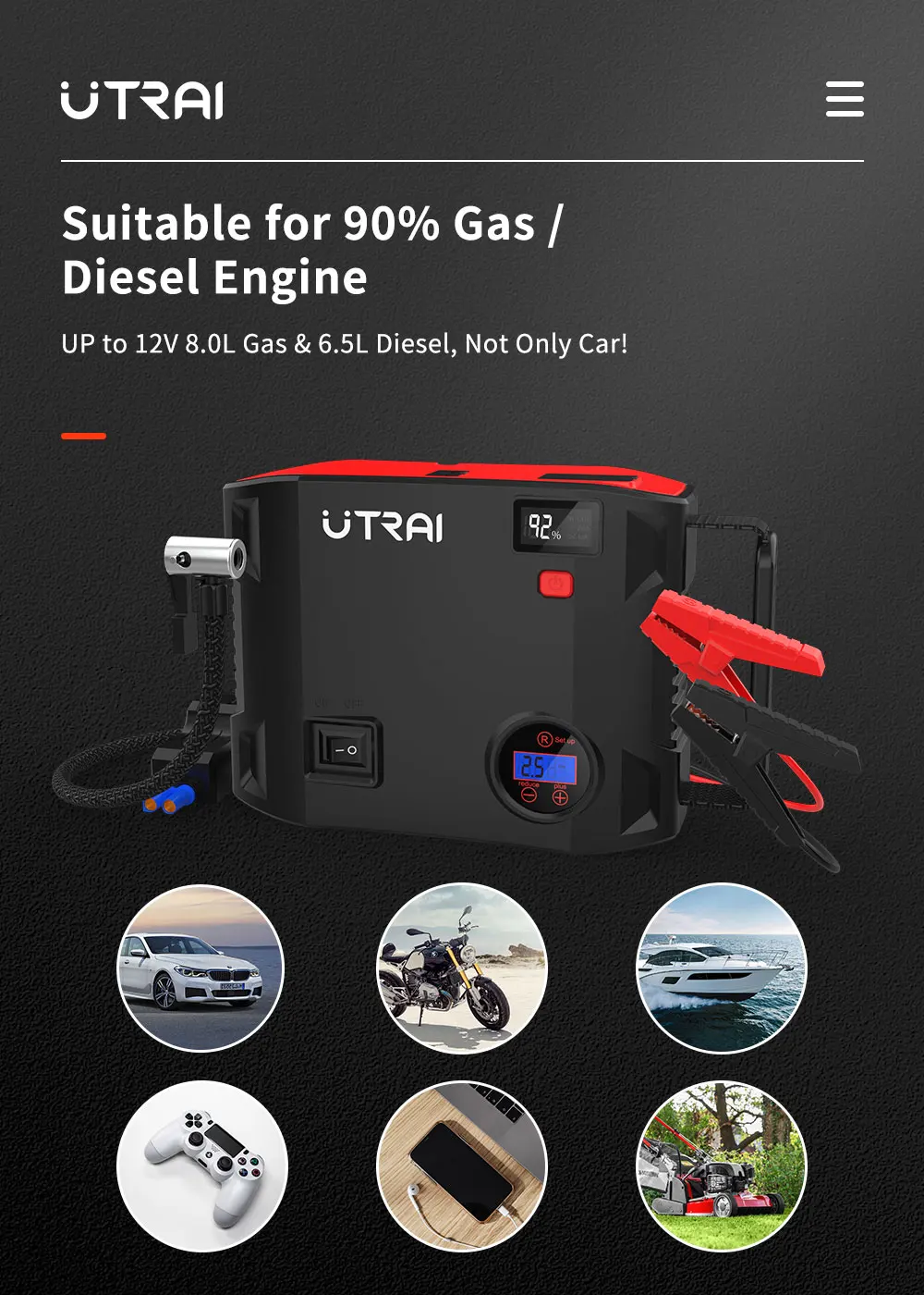 Jump Starter 24000mAh 2000A Power Bank со встроенным насосом воздушного компрессора для шин