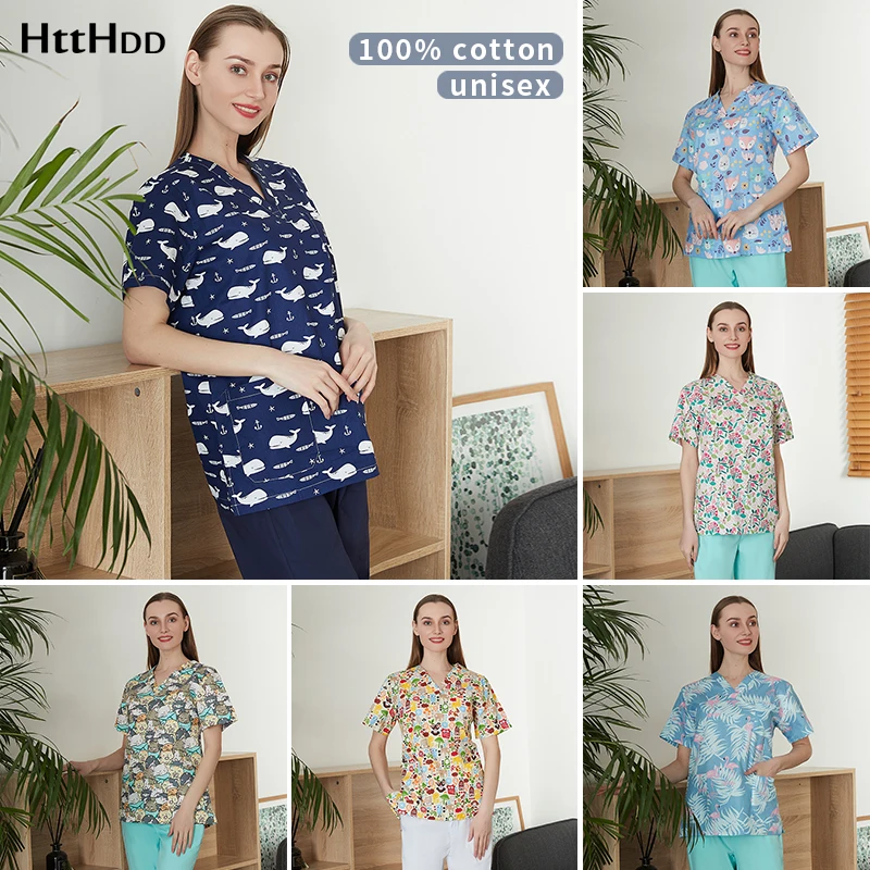 

Косметолог в стиле унисекс с мультяшным принтом Удобная хлопковая лабораторная Униформа скраб-Топ для женщин и питомцев Пылезащитная дыша...