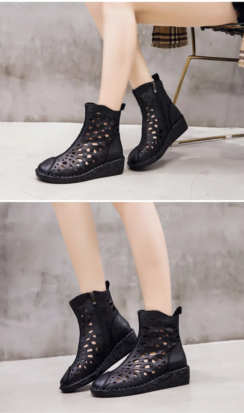 

2021 summer new leather mid-heel high-top solid color retro hollow round head hand-sewn ladies fashion Roman sandals