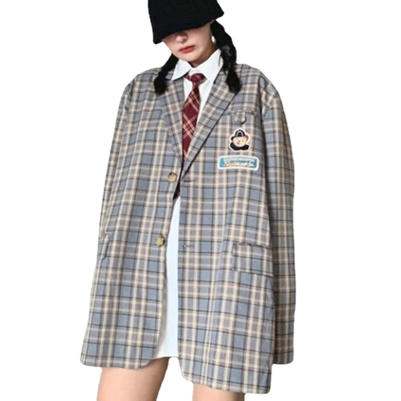 

Ins Harajuku Neutral Simple Streetwear Oversized Fashion Women Coat Japanese Ulzzang New Vintage Autumn Bear Plaid Female Jacket