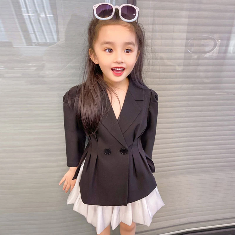 2021 Autumn New Girl's Long-sleeved Suit Fashion Suit 2-piece Set Coat Chiffon Skirt Children's Clothes For Girls Aged 3-7
