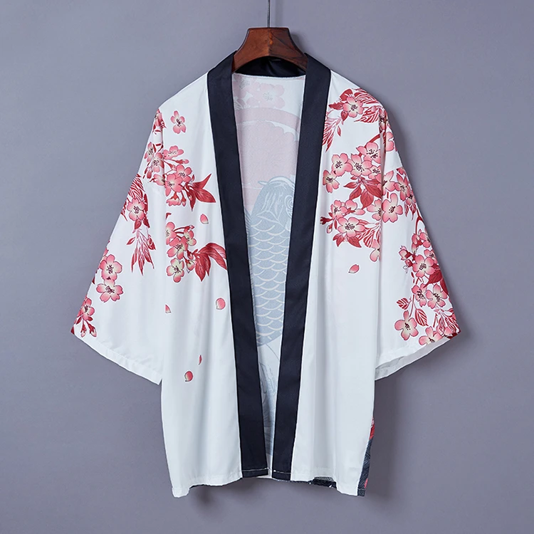 Женское кимоно в стиле Харадзюку черно-белое тонкое пляжное пальто кардиган с