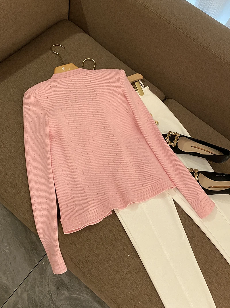 Женский облегающий вязаный свитер на пуговицах розовый кардиган Осень-зима 2021 |