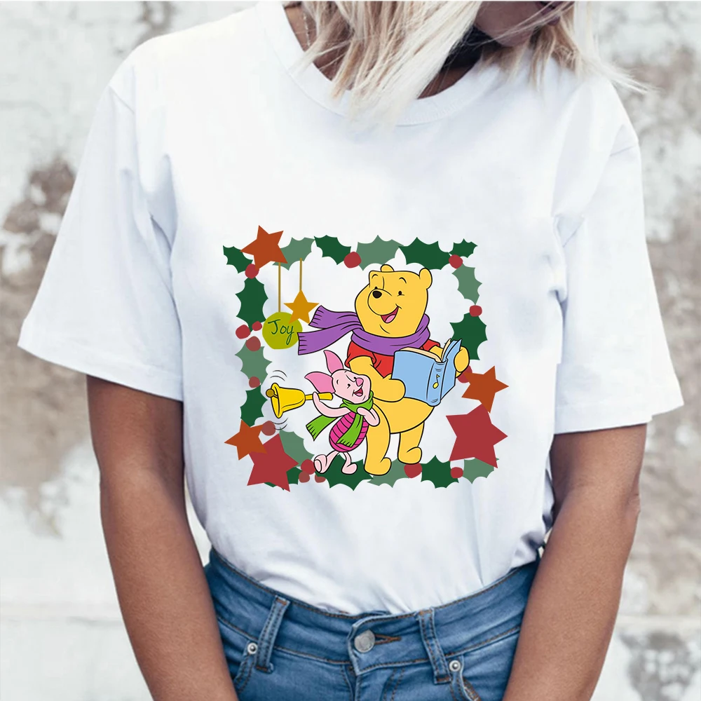 

Disney Tee Shirt Femme Pooh Bear Ulzzang Fashion Winnie Oversized Cute Cartoons Summer White Kawaii Piglet Printing O-Neck Tops