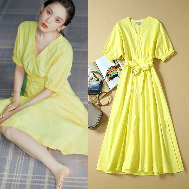 

s New over star knee French yellow V neck dress with thin waist and cool wind