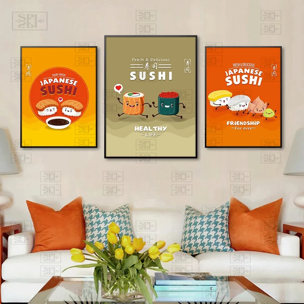 

Canvas Art Cartoon Japanese Food Sushi Canvas Print Poster for Living Room Aesthetic Room Decor Wall Pictures Bedroom Decoration