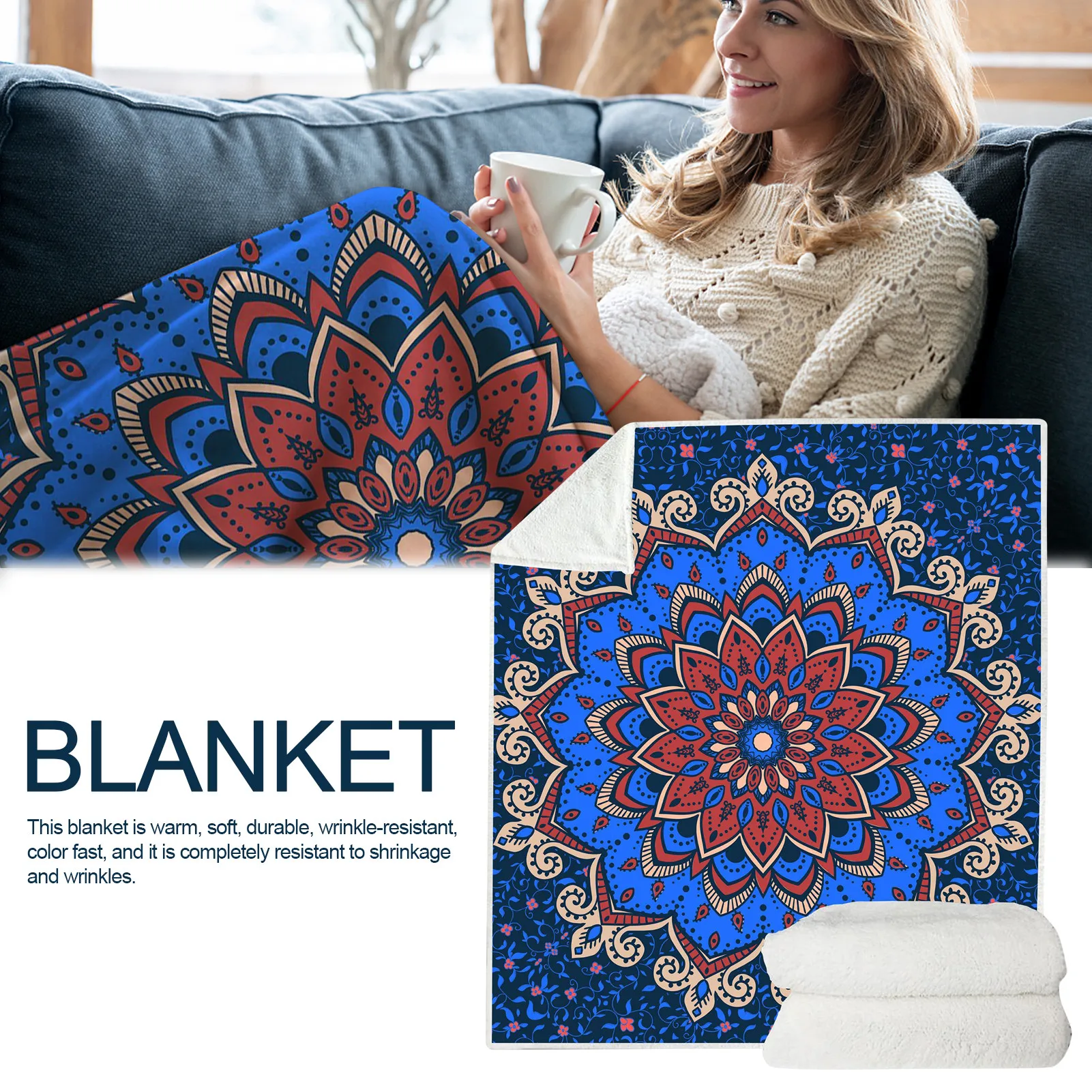 

Одеяло из хлопка и шерсти с 3D принтом мандалы, двойное толстое теплое удобное покрывало для кровати и дивана, одеяло для телевизора, Прямая п...