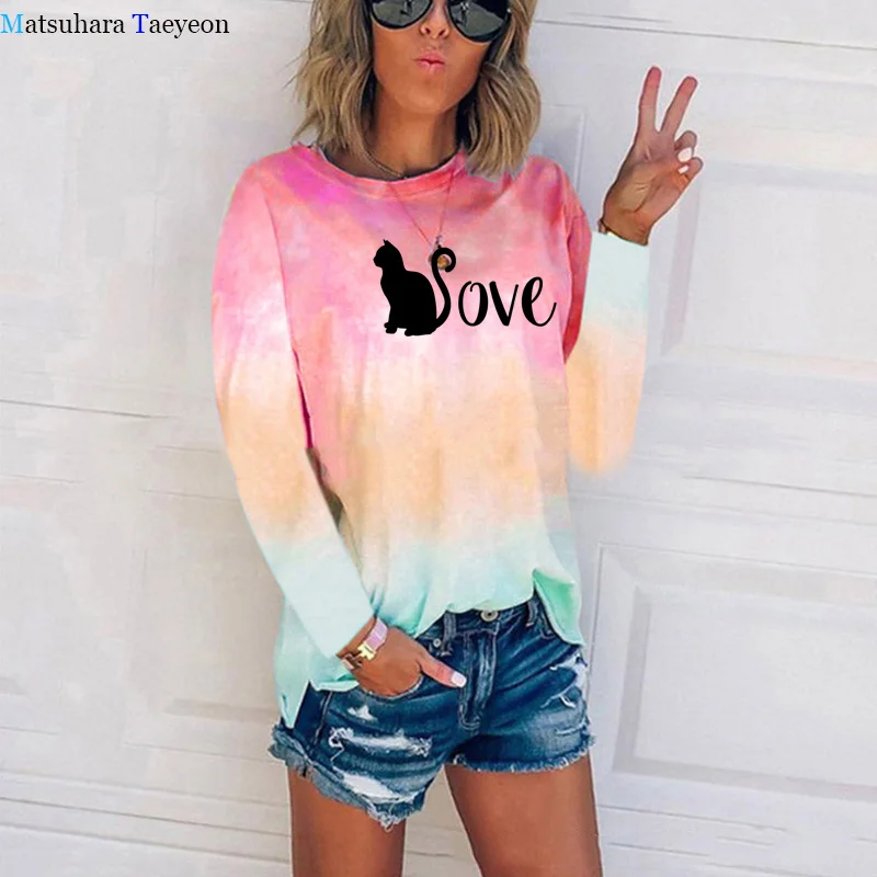 

Женская футболка с длинным рукавом, круглым вырезом и принтом кошек