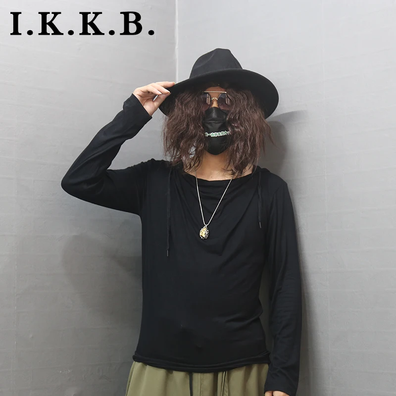 

Black Slim long sleeve T-shirt with hat pile collar spring autumn bottoming shirt versatile youth fashion trend