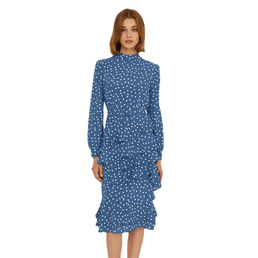 

Women Dot Long Sleeve Line Knee-Length Dress Cascading Ruffle Slim Dress Elegant Spring Female Casual Chic Design Fashion Dress
