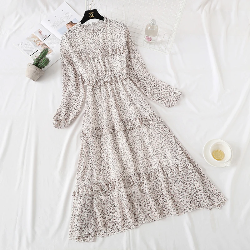 BGTEEVER Vintage Floral Print Chiffon Dress Women Ruffles Elastic A-line Female Midi 2019 Autumn Chic Vestidos Femme Женская одежда